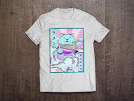 Vaporwave Aesthetic Maneki Neko Cat Ramen Retro Style Japan Poster / Heavyweight cotton unisex T shirt with print tee top S