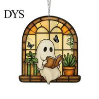 Easy to Hang Suncatcher Decoration Halloween Ghost Reading Sun Catcher, Stained Glass Style Window Hanging Acrylic Catcher Ornament, Cute for S 1pc