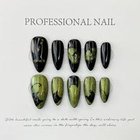 Design #520 Starry Hand Painted Handmade Long Green Black Almond Full Cover Press on Stickers for Nails Nail