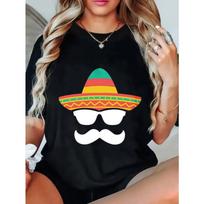 Women Casual T Shirt Black Mexican Sombrero Mustache Print Summer Party Wear S juoda