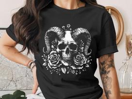 Gothic Skull Ram Horns Roses T-Shirt, Dark Academia Aesthetic Tee, Witchy Occult Shirt, Alternative Macabre Art Graphic Print Top 2XL