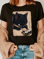 Cat And Sushi Graphic TShirt Unisexs Polyester Graphic TShirt Casual Crew Neck With Short Sleeves With Cat And Sushi Print S