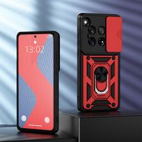 KEYSION Shockproof Armor Case for OnePlus 12 5G 12R 11R Slide Camera Protection Ring Stand Phone Cover for Oneplus 1+ Ace 3 2 5G for OnePlus 12 5G raudona