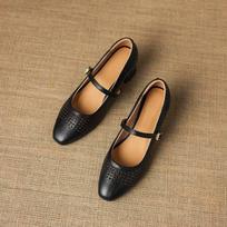 Krazing Pot Sheepskin Round Toe Thick Heels Summer Shoes Solid Big Size 42 Hollow Decoration Women Shallow Pumps 34 juoda