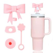 4Pcs Pink Bow Straw Covers Cap Toppers for Stanley Cup Accessories 30&40 oz Tumbler Reusable Silicone Spill Proof Stopper