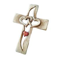 Carved Wooden Cross with Hollow Intertwined Hearts Hanging Love Couple Family Wall Decor New