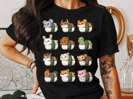 Cute Chinese Zodiac Animal Sushi T-Shirt, Lunar New Year Celebration Tee, Cute Zodiac Sign Shirt S