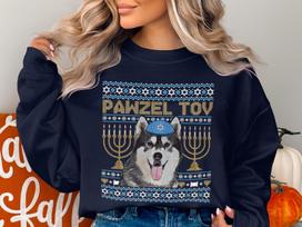 Pawzel Tov Hanukkah T Shirt with Husky Dog Menorah Design Funny Holiday Gift Jewish Dog Lover Shirt S