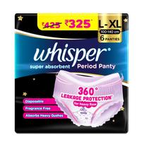 Whisper Super Absorbcijos Menstruacinės Kelnaitės, 6 L-XL Kelnaitės, 360 Laipsnių Apsauga nuo Pratekėjimo* esant Gausioms Menstruacijoms, Kelnaičių Fasonas, Pilnas Nugaros Dengimas, Sugeriauja Gausiai blue