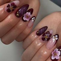 3D Cross-Border Purple French Floral Press-On Nail Tips  Almond Medium Size European and American Style Nail Stickers