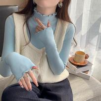 Fungus edge bottoming shirt for girls 2024 autumn and winter new blue semi-turtleneck slim fit T-shirt top gentle wind S juoda