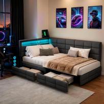 Sofa-lova 90x200 cm, viengulė lova su LED, USB, 2 stalčiais, pilka