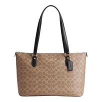 COACH shoulder bag Gallery 36 Classic presbyopic zipper closure PVC with leather Tote Tote shopping handbag large size women's dark khaki color ruda