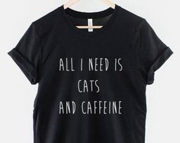Cats and Caffeine Shirt, Funny Cat Lover Coffee Graphic Tee Gift XL