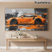 Šiuolaikinio abstraktaus oranžinio sportinio automobilio drobės sienos meno kūrinys - be rėmo oranžinio lenktyninio automobilio spausdintas plakatas svetainei 20x40cm NoFrame
