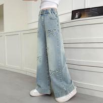 American Retro Kids Baggy Jeans with Bows for Girls Fashion Stretch Elastic Waist Denim Pants Child Wide Leg Jeans Trousers 120