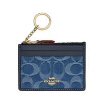 COACH 11 užtrauktukas, audinys ir skaldyta karvės oda bei plastikas, kortelių laikiklis, mini, unisex poros stilius, indigo mėlyna indigo mėlyna