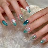 Handcrafted Bright Emerald Gemstone Press-On Nails, High-Quality Japanese-Style Nail Stickers Vintage Jade Celadon žalia