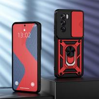 KEYSION Shockproof Case for OPPO Reno12 Pro 5G Slide Push Pull Camera Lens Protection Ring Stand Phone Cover for OPPO Reno 12 5G for OPPO Reno12 5G raudona