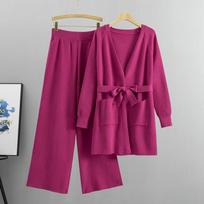 Wide-leg Pants Knitted Cardigan Jacket Two-piece Set Women's Autumn and Winter Loose Fashion Suit S rožinė raudona spalva