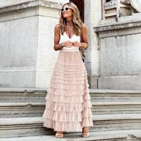 Tortų sijonai Moteriški Elegantiški pakopiniai raukiniai A linija ilgi sijonai Moteriški laisvalaikio elastinga juosmens vakarėlio nėrinių sijonas M rožinė
