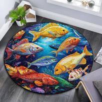 Ocean Fishes Round Area Rug,Carpet Rug for Living Room Bedroom Sofa Playroom Decor,Non-slip Floor Mat 80cmx80cm blue