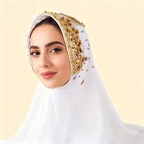 Madingas šilkinis perlamutrinis šifono hidžabo skara su auksinėmis karoliukų siuvinėjimo moteriška galvos skara, blizgučiai, kaspinas, islamo turbanas, Fitro šventė beige