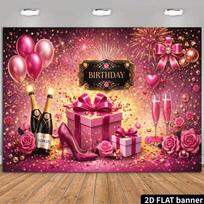2D Happy Birthday Pink Gold Champagne Heel Backdrop Banner Party Photo Background 47.2x31.5inch/120*80cm