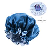 New Solid Color Satin Silk Bonnet for Women, Premium Elastic Band Sleep Cap, Large Double-Layer Satin Lace Sleep Bonnet mėlyna
