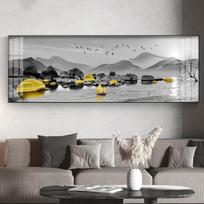 New Chinese Style Golden Boat Canvas Painting Black Yellow Stone Poster Deer Sailboat Landscape Wall Pictures Bedroom Home Decor 20cm×40cm NoFrame