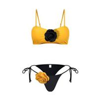 2 vnt./kompl. Moteriškas bikini komplektas su petnešėlėmis, gėlėmis, nėriniais suvarstomais šortukais, trimatėmis gėlėmis, reguliuojamomis petnešėlėmis, maudymosi kostiumėlis S geltona