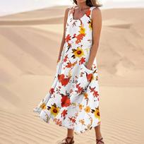 Women's Summer Casual Fashion Flower Printed Sleeveless  Pocket Dress S oranžinė