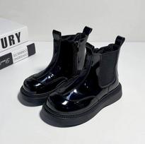 Vaikų čiurnos batai berniukams, mergaitėms, unisex, blizgios PU odos, guminiai batai, klasikiniai Chelsea batai, ruduo, žiema 26 juoda