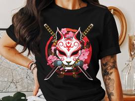 Kitsune Mask Samurai Swords Cherry Blossom Japanese Art T-Shirt, Kitsune Fox Mask Japanese Graphic Tee, Samurai Warrior Art T-Shirt XL