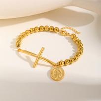 Cross St. Benedict Oval Plate Bracelet for Women,Three-color Beaded Chain Bracelet,Stainless Steel Waterproof Jewelry Gift