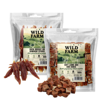 WILD FARM ėrienos ir menkės kubeliai minkšti 500g + anties krūtinėlės filė ant pagaliuko 500g skanėstai šunims