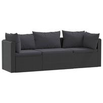 vidaXL Sodo sofos komplektas su pagalvėlėmis, 3 dalių, juodas, ratanas