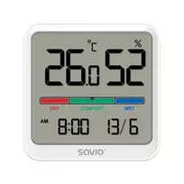 Vidaus temperatūros ir drėgmės jutiklis SAVIO CT-01/W, LCD ekranas, -10–55°C, 10–99%RH, baterija CR2032