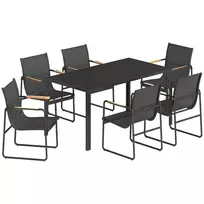 Sodo baldų komplektas 150 x 80cm, su stiklo stalu ir 6 kvėpuojančiais juodais krėslais su dekoratyviniais porankiais.