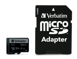 Verbatim 47044 Pro U3 Micro SDXC Atminties kortelė 128GB + microSD į SD Adapteris