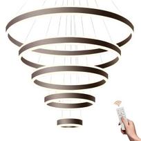 Modernus LED šviestuvas 5 žiedų, reguliuojamo ryškumo, rudas Ø20-100cm — svetainės pakabinamas šviestuvas, valdomas lubinis apšvietimas, šviestuvas su pulteliu, didelis žiedinis šviestuvas, miegamojo apšvietimas