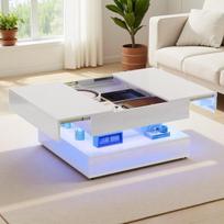 Aukšto Blizgumo Balta Centrinis Stalas 78x78x43cm, Kvadratinis su RGB LED ir Programėlės Valdymu, 2 Paspaudimu Atidaromos Dėžės, Daugiaspalvė