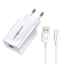 USAMS laidinis įkroviklis 1xUSB T22 18W 3A QC3.0 + USB-C cable 1m baltos spalvos (T48) T48OCLN01