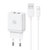 USAMS įkroviklis 2xUSB 18W + laidas Lightning/USB-A greitas įkrovimas baltos spalvos serija HC HCXLTZ01