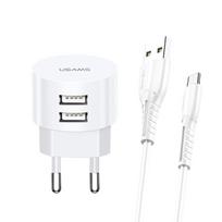 USAMS laidinis įkroviklis 2xUSB T20 2.1A USB-C baltos spalvos Round Fast Charging XTXLOGT18TC05
