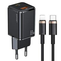 USAMS Laidinis įkroviklis 1xUSB-C+1xUSB T43 33W PD3.0 + QC3.0 + U63 cable USB-C to Lightning juodos spalvos USKT