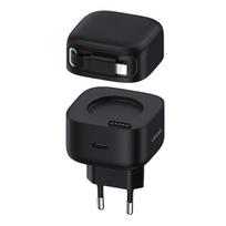 USAMS Charger 1xUSB-C with retractable cable Lightning (only head) PD+QC 35W Gan Fast Charging juodos spalvos