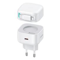 USAMS Charger 1xUSB-C with retractable cable Lightning (only head) PD+QC 35W Gan Fast Charging baltos spalvos
