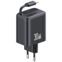 USAMS Charger 1xUSB-C with retractable USB-C Retractable PD+QC 30W Gan Fast Charging juodos spalvos