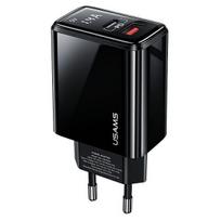 USAMS Laidinis įkroviklis 1xUSB-C + 1xUSB T40 20W LED (only head) PD3.0 + QC3.0 Fast Charging juodos spalvos CC133T